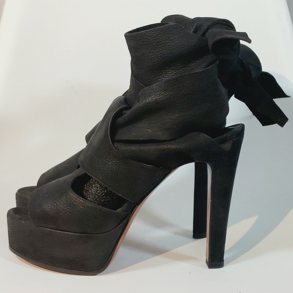 Michel Perry black leather ankle wrap stiletto platform sandals, EU40, EUC
